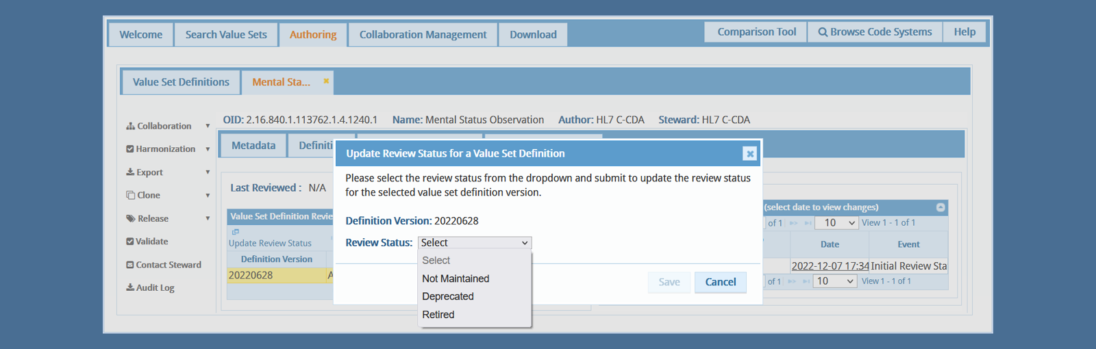 Update Review Status for a Value Set Definition window