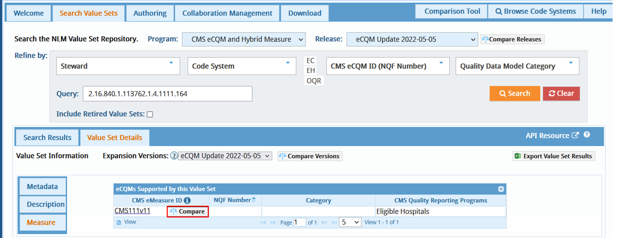 VSAC Search Value Sets tab measure option click the compare button to view the latest 3 versions of the measure and the value set OIDs specified by the measure versions in the Comparison tool