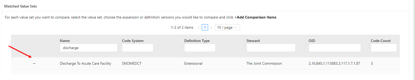 Matched Value Sets Select Definitions or Expansions to Compare