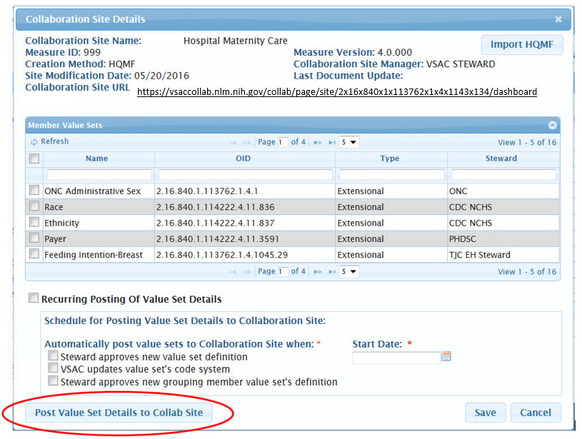Fig. 14: Post Value Set Details to an HQMF Collab Site